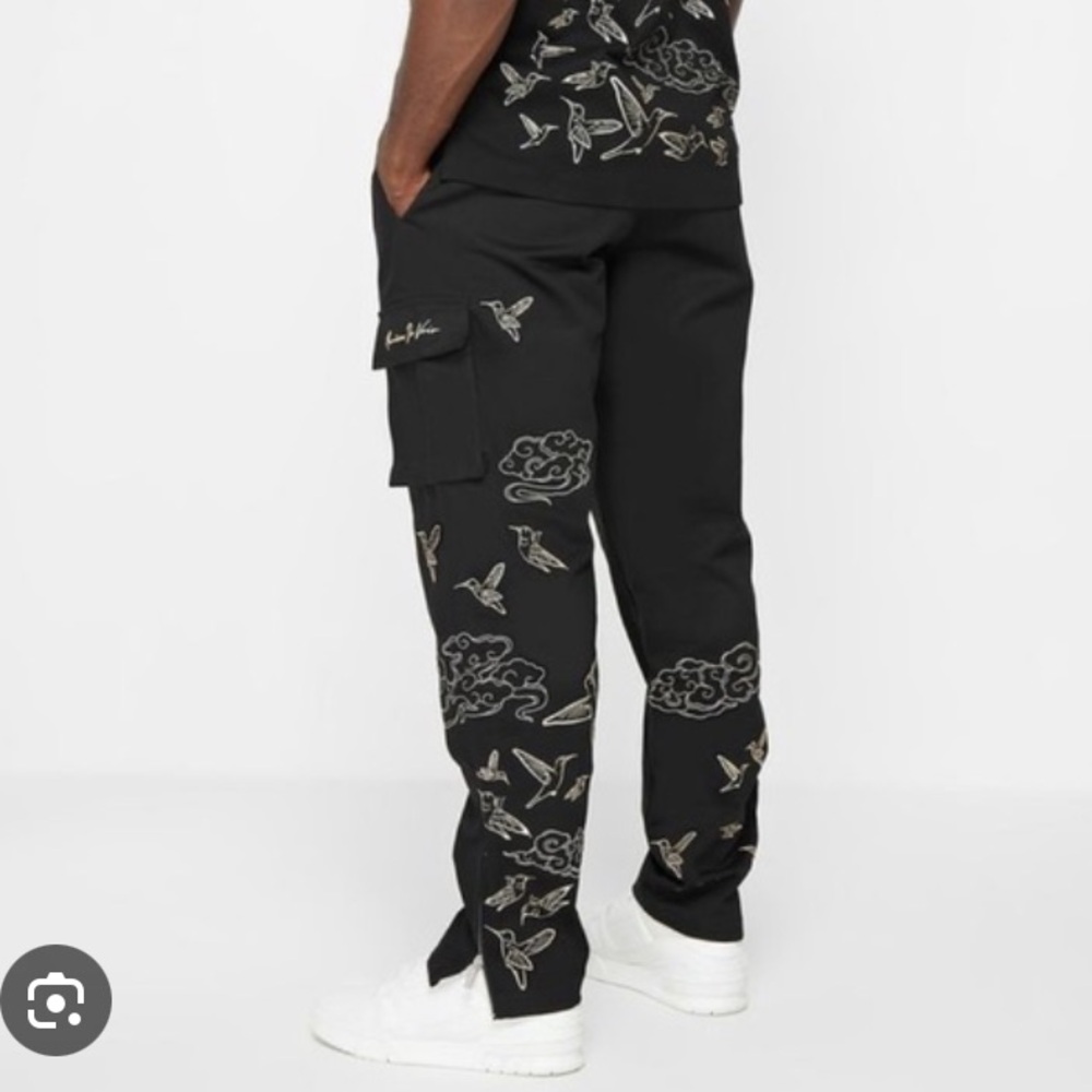 Maniere De Voir Black Cargo Pants with Bird and Cloud Design